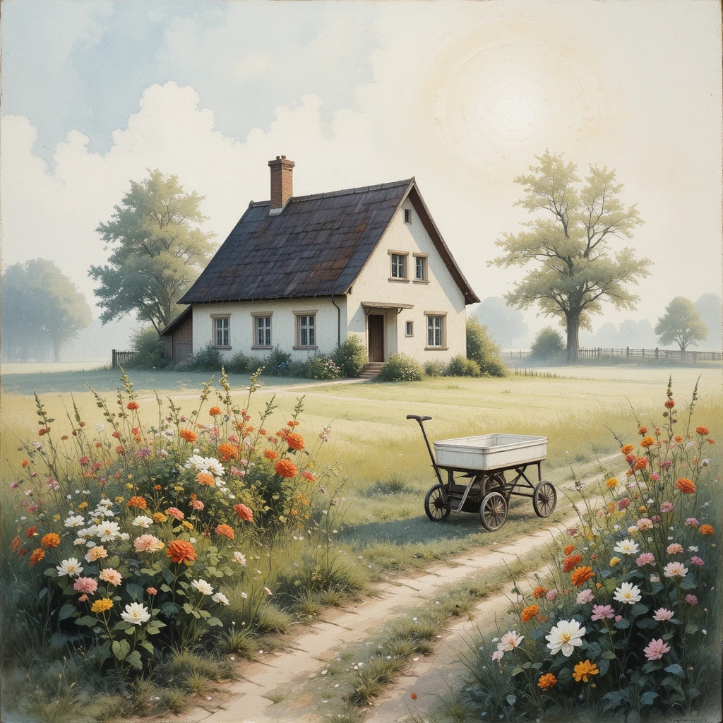 Ethereal country house painting in a misty early morning