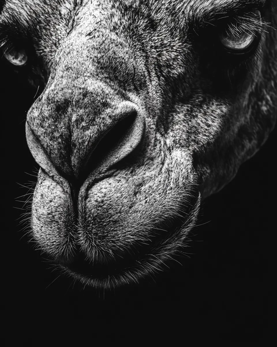 Terrifying camel close up in gritty black and white contrast
