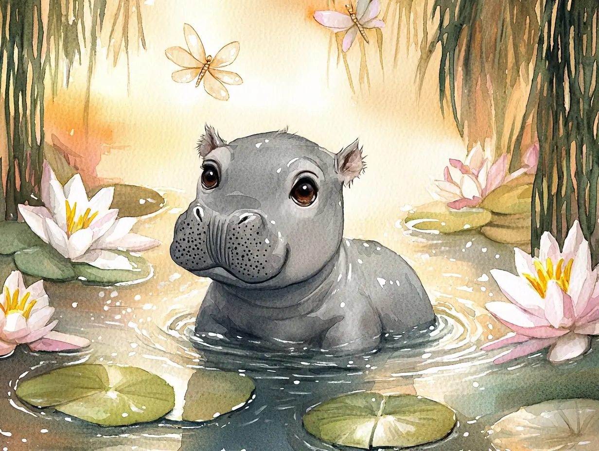 Baby hippopotamus in a whimsical watercolor lily pond