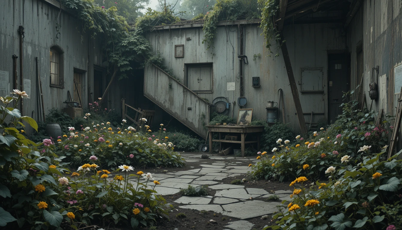 Abandoned city allotment reclaimed by wildflowers and vines
