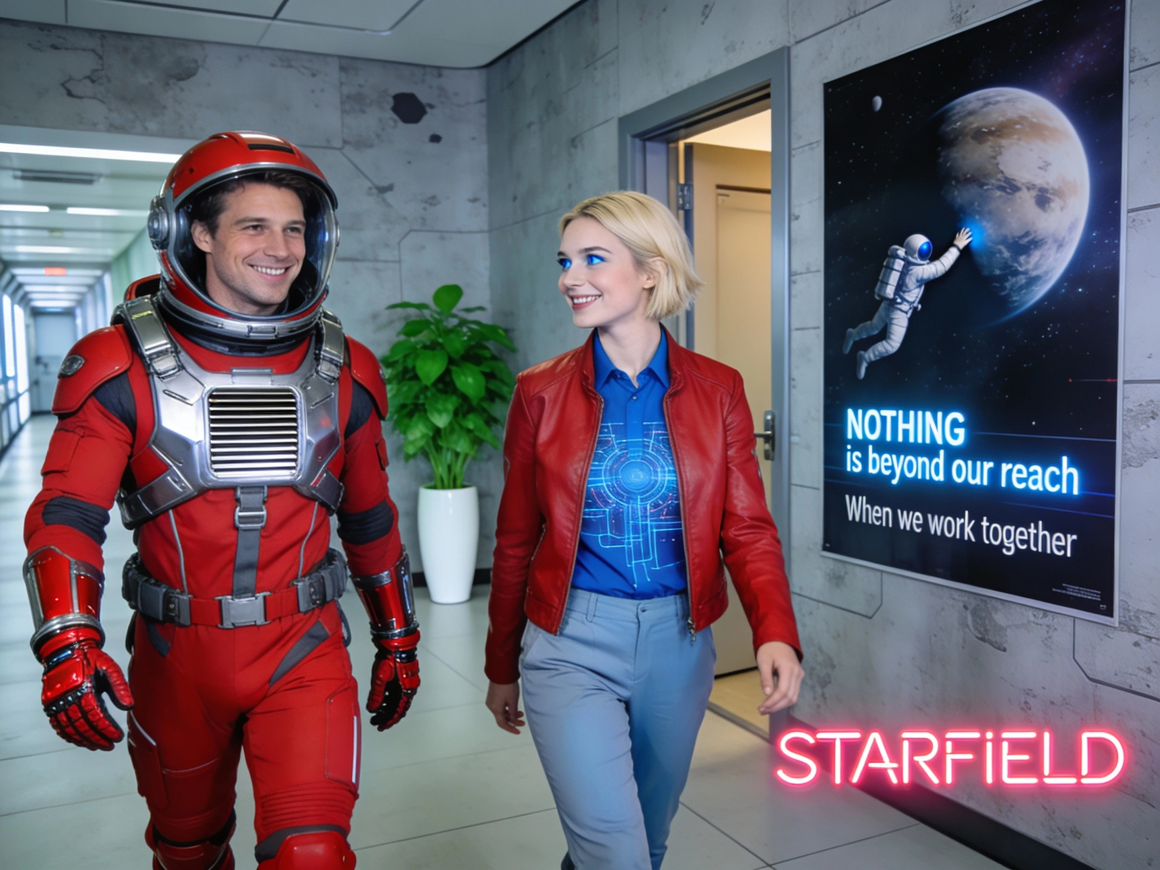 Smiling astronaut and woman in a futuristic space station