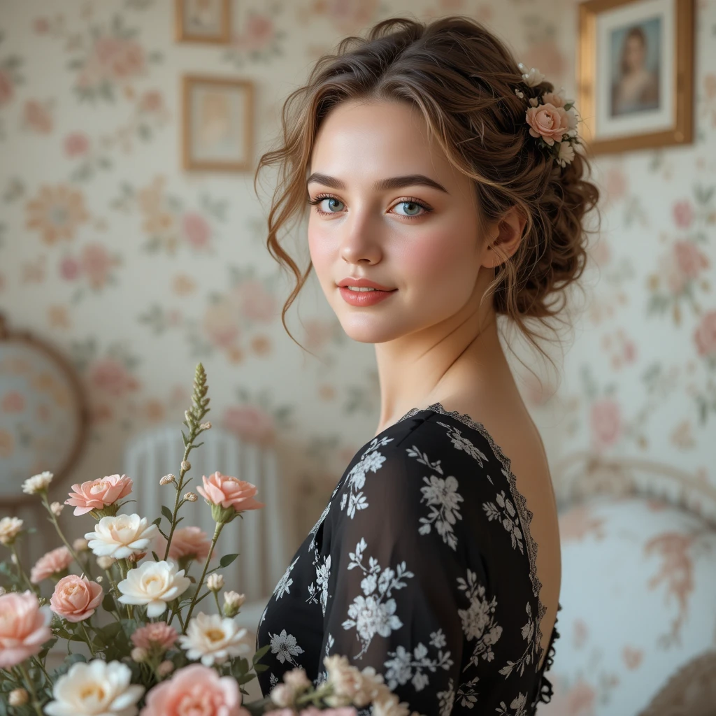 Joven mujer pecosa sonriendo entre suaves flores románticas