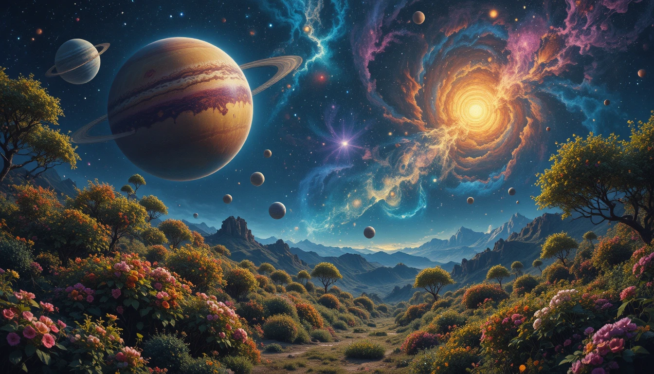 Giardino celestiale surreale con pianeti che sbocciano come frutti luminosi