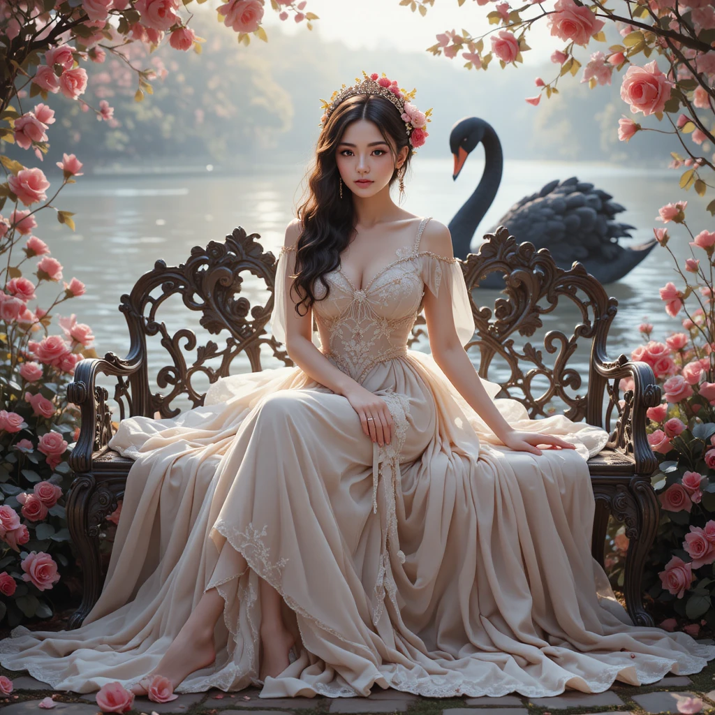 Mujer elegante en un banco de jardín con rosas y cisne