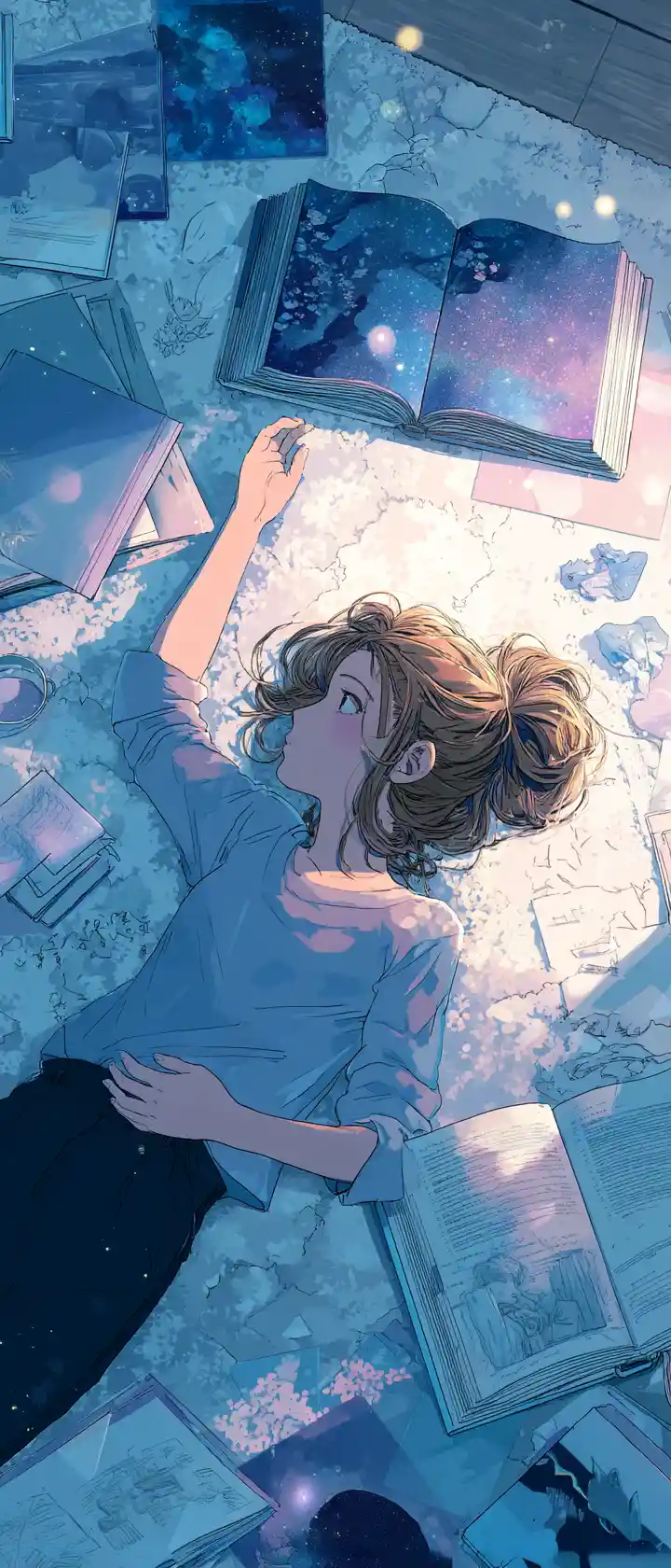 Teen girl reaching toward light on her bedroom floor
