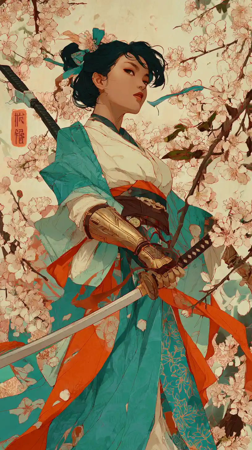 Donna samurai giapponese tra fiori di ciliegio in posa calma