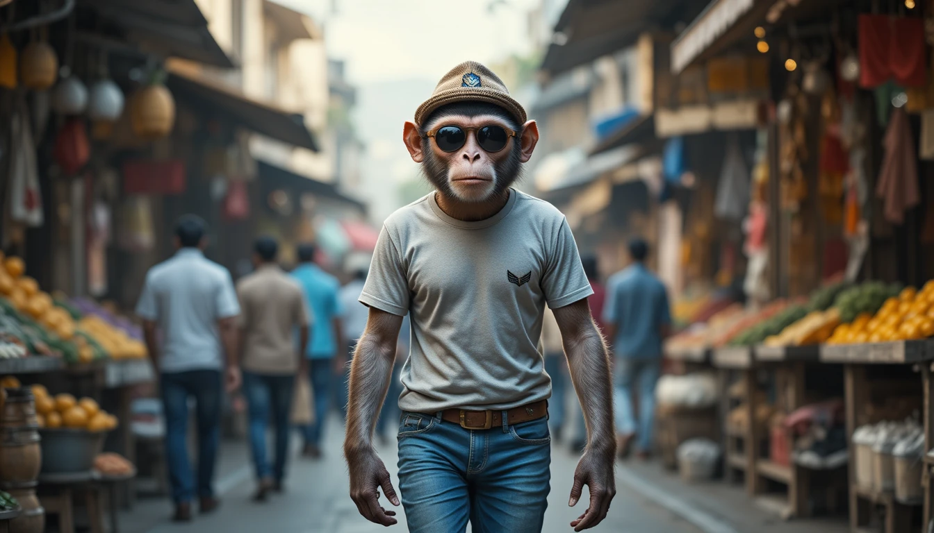 Monkey in human clothes walking in Indian street market