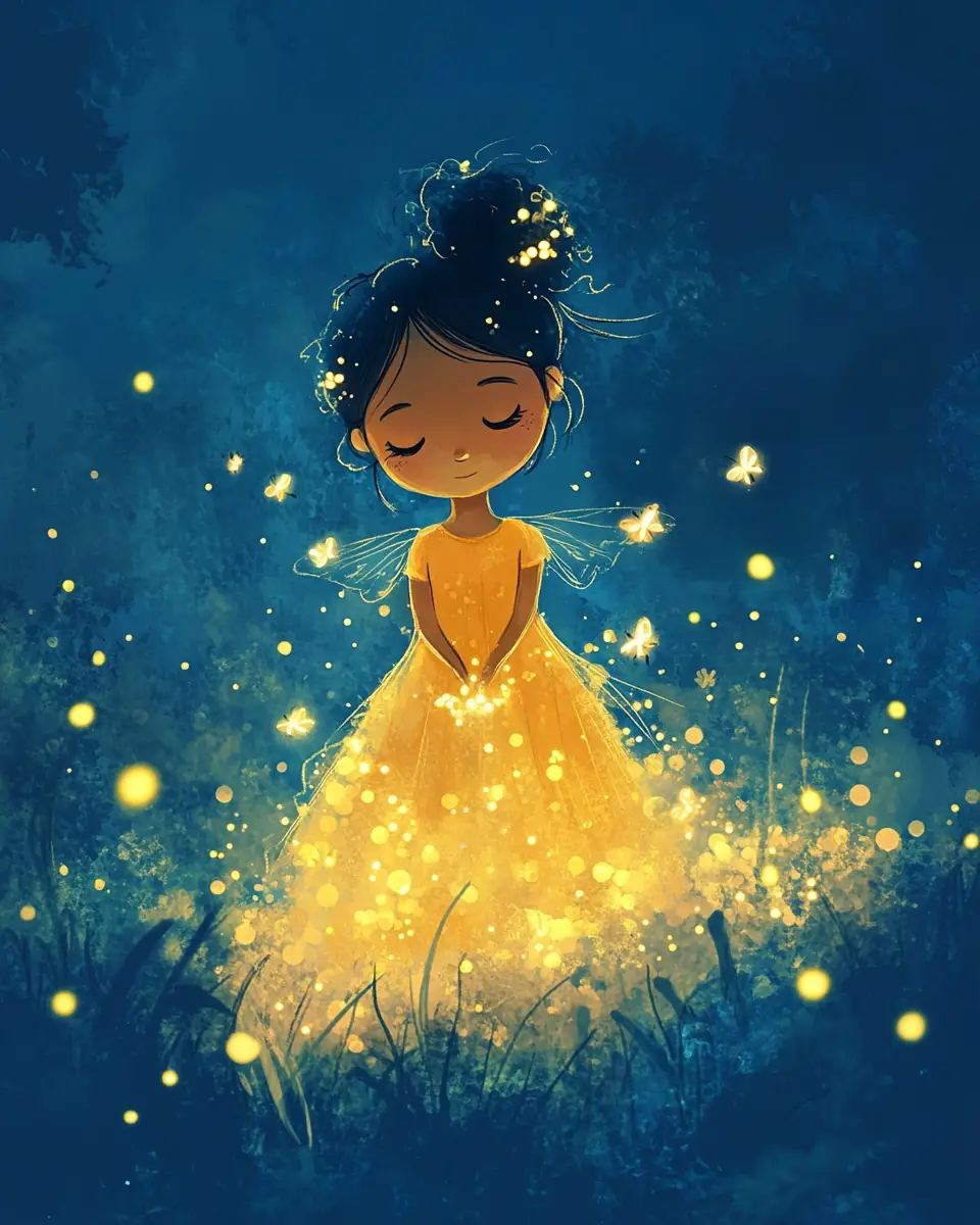 Summer fairy child glowing softly at twilight