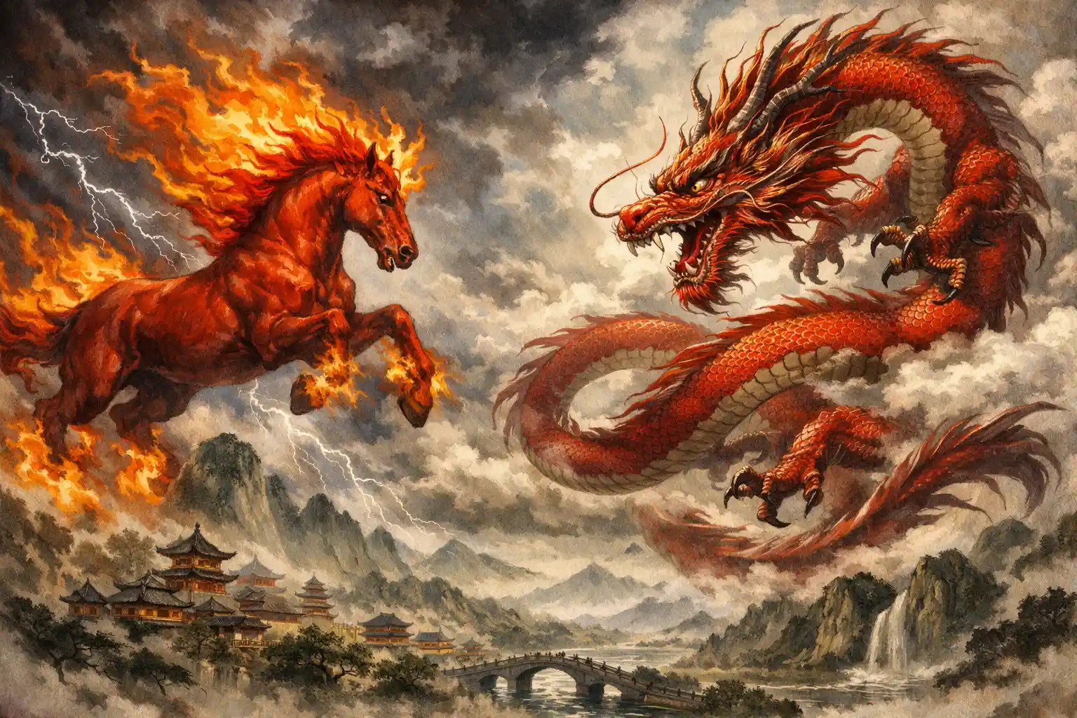 中國山谷上空的史詩巨龍與燃燒的紅色戰馬