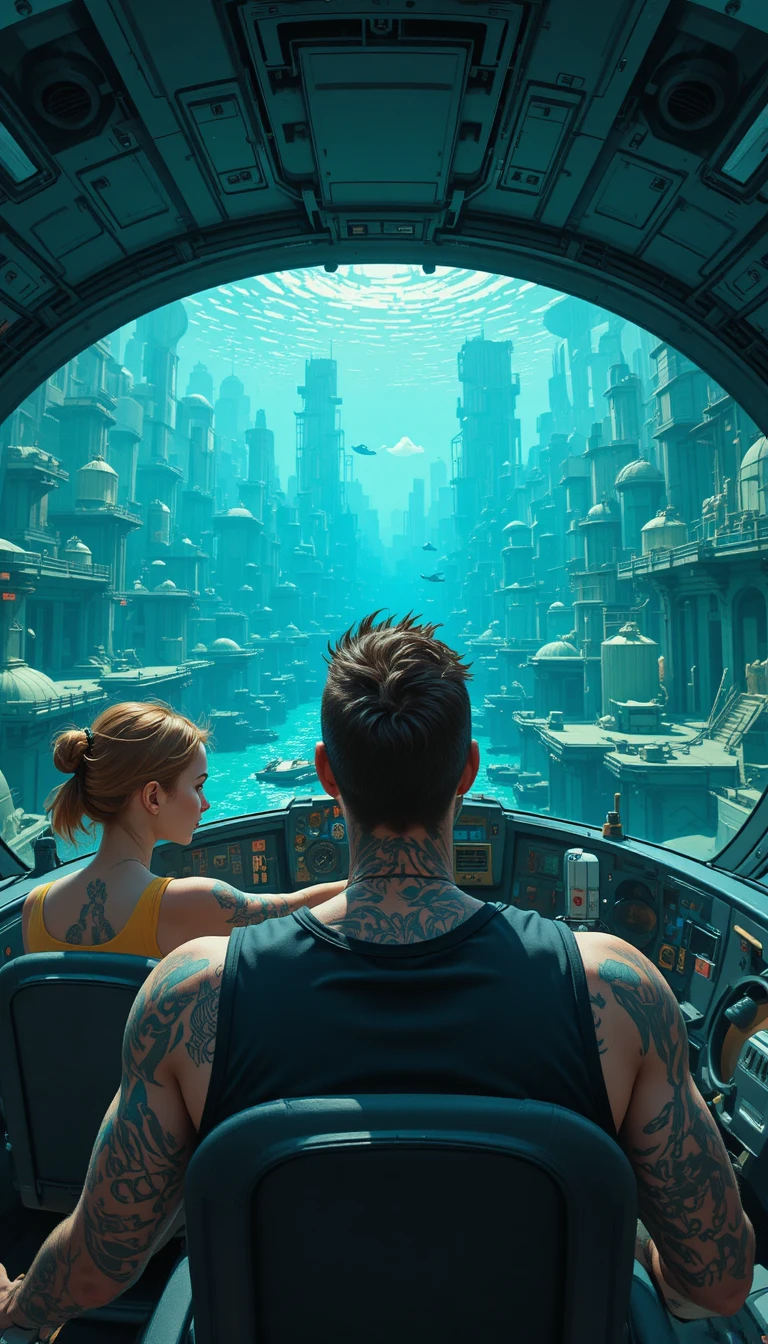 Hombre tatuado en cabina futurista submarina con vistas a la ciudad