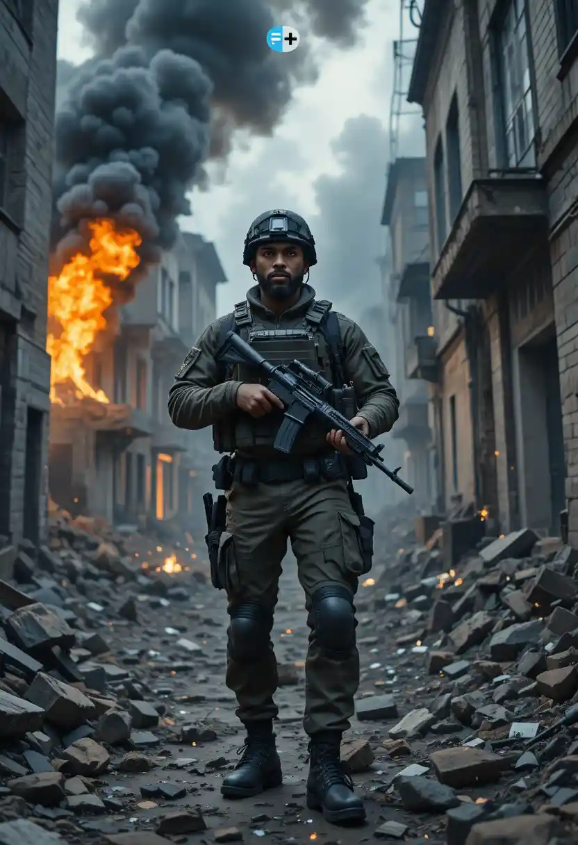Black soldier with rifle in burning urban war zone