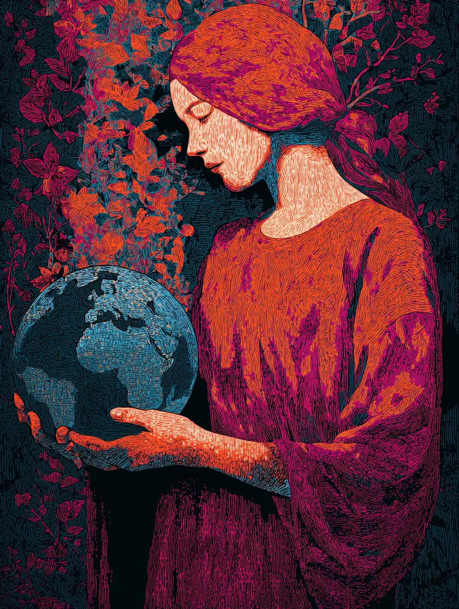 Supernatural woman gently holding a glowing earth globe