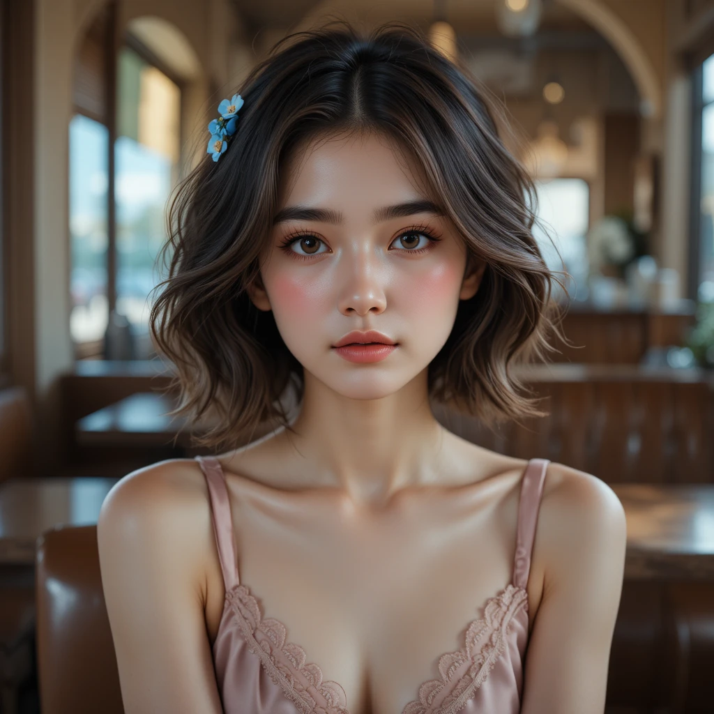 暖かく居心地のよいカフェでの若い女性のポートレート