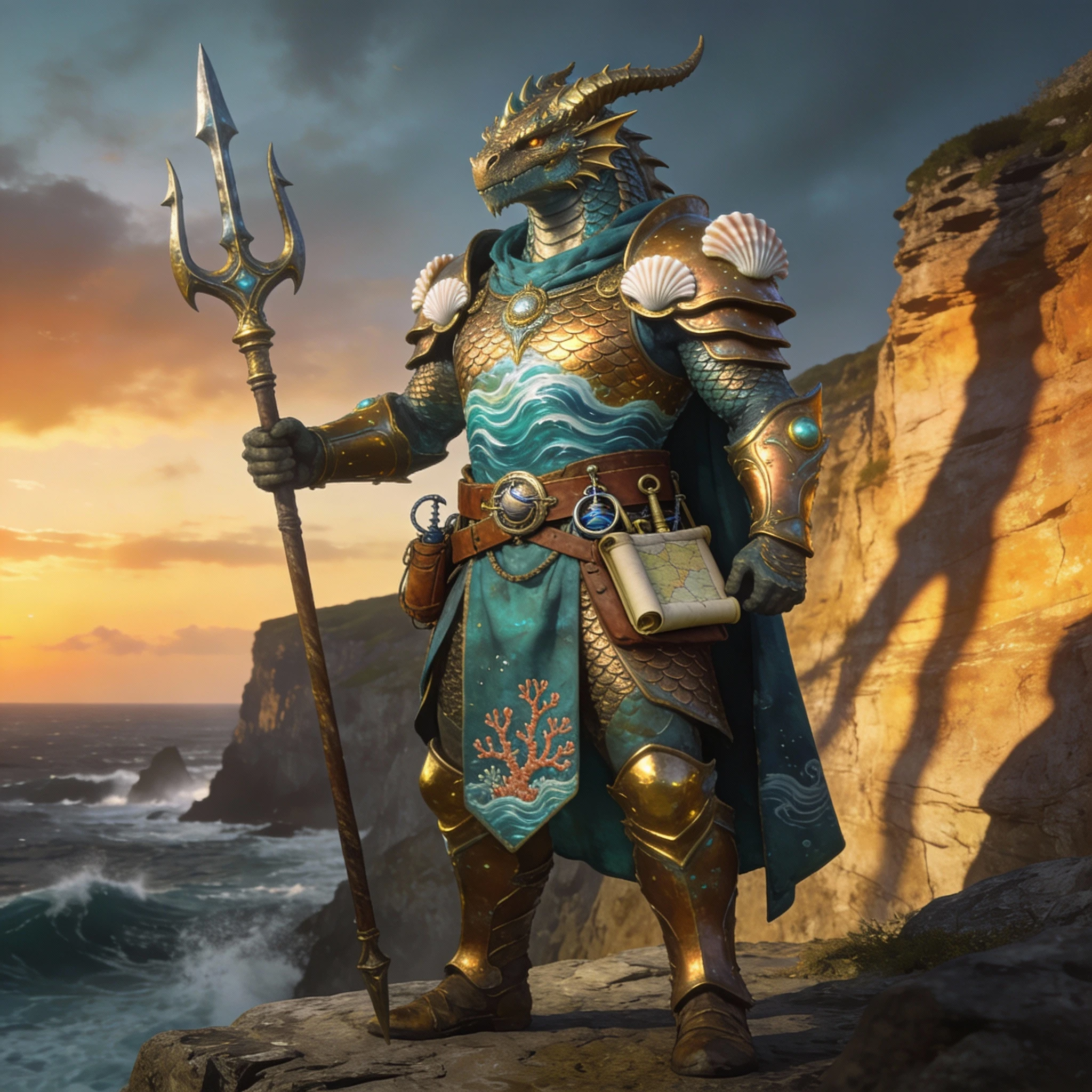 Bronze Dragonborn Paladin Explorer In An Ocean Fantasy Setting