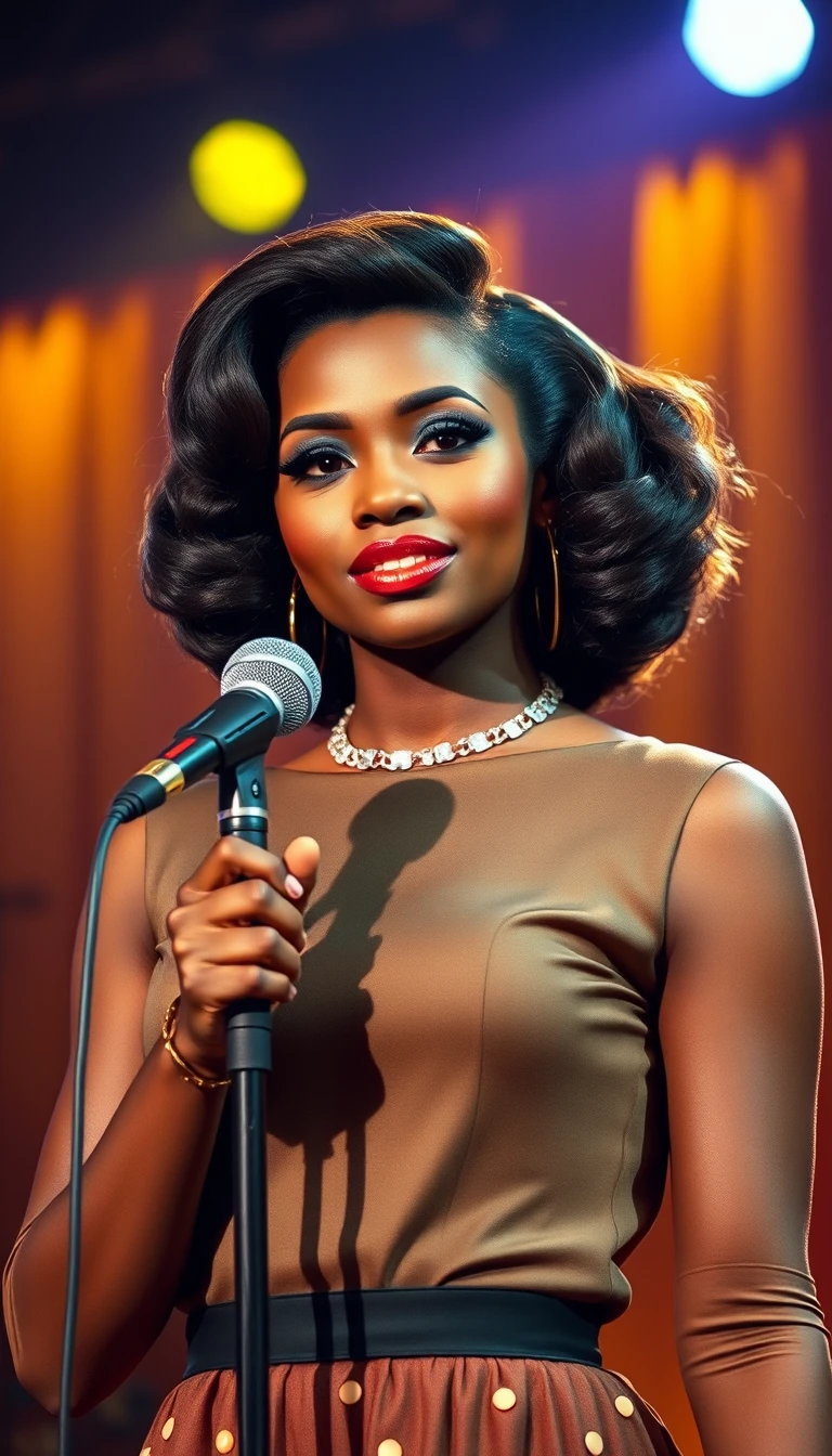 Vintage singer on stage holding a classic microphone