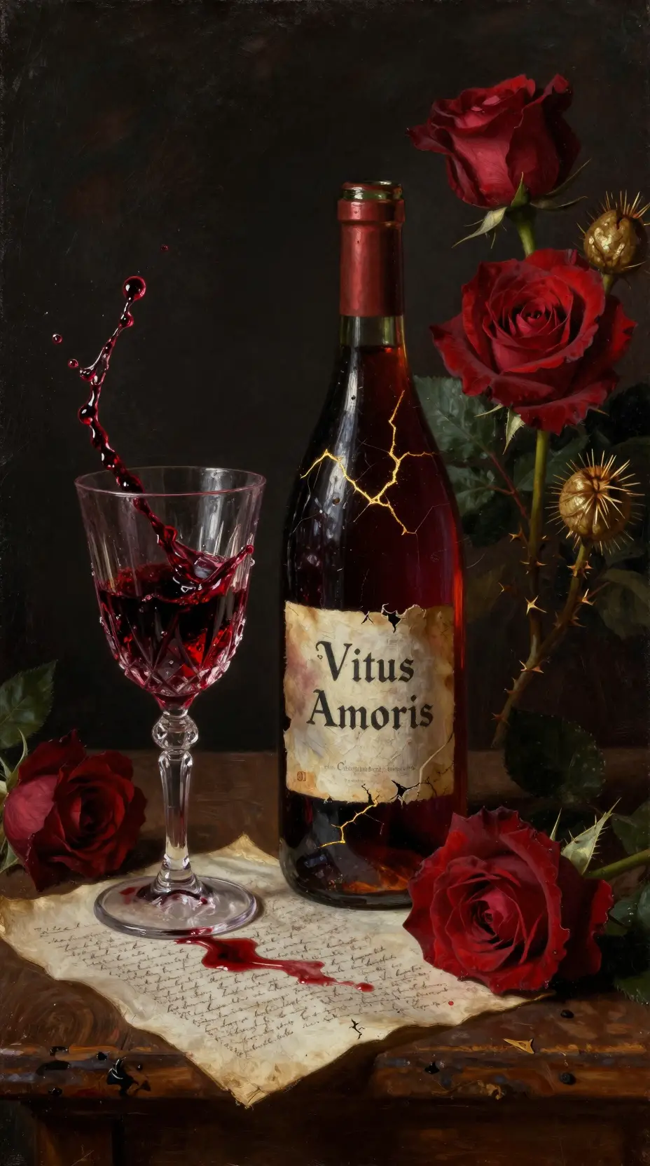 Baroque still life with red wine and roses