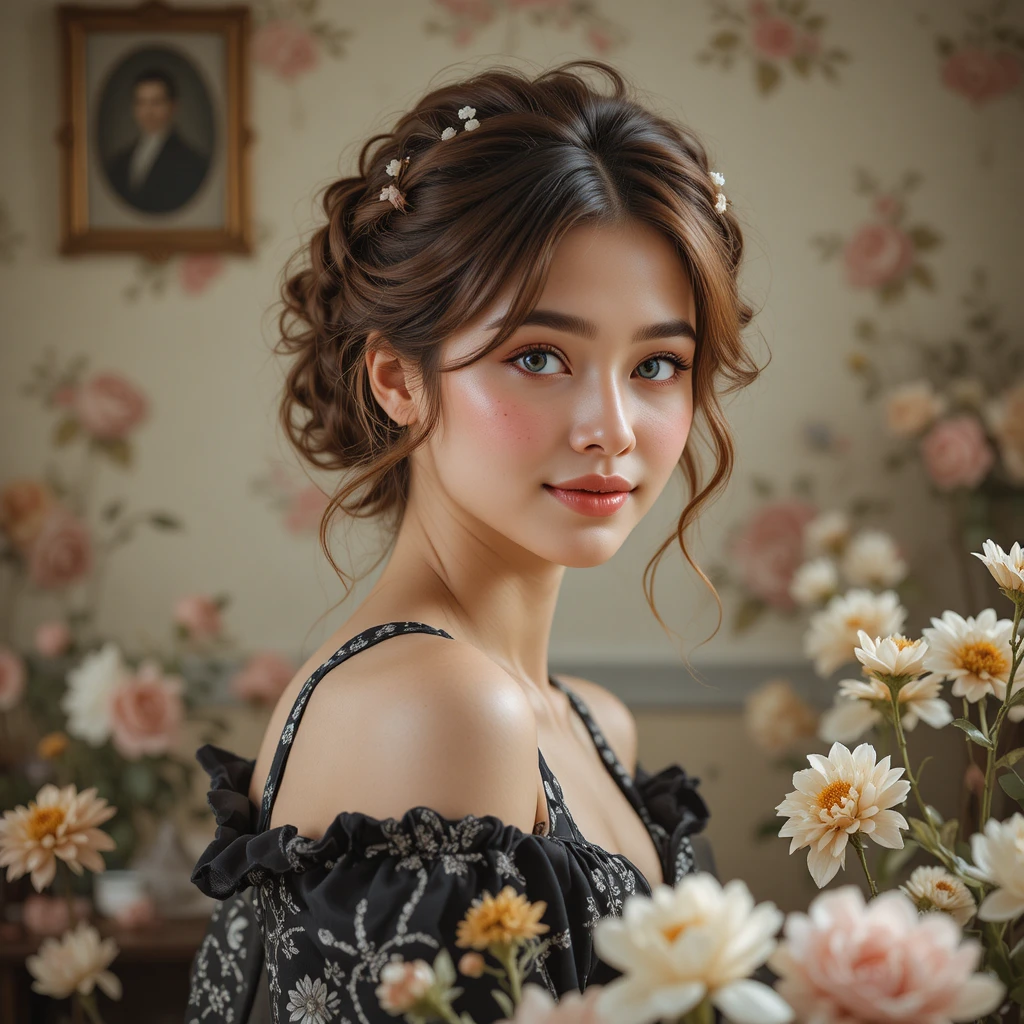 Jovem sorridente com flores em um interior romântico e suave