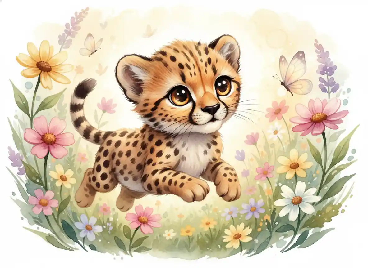 Watercolor baby cheetah chasing a butterfly in flower meadow
