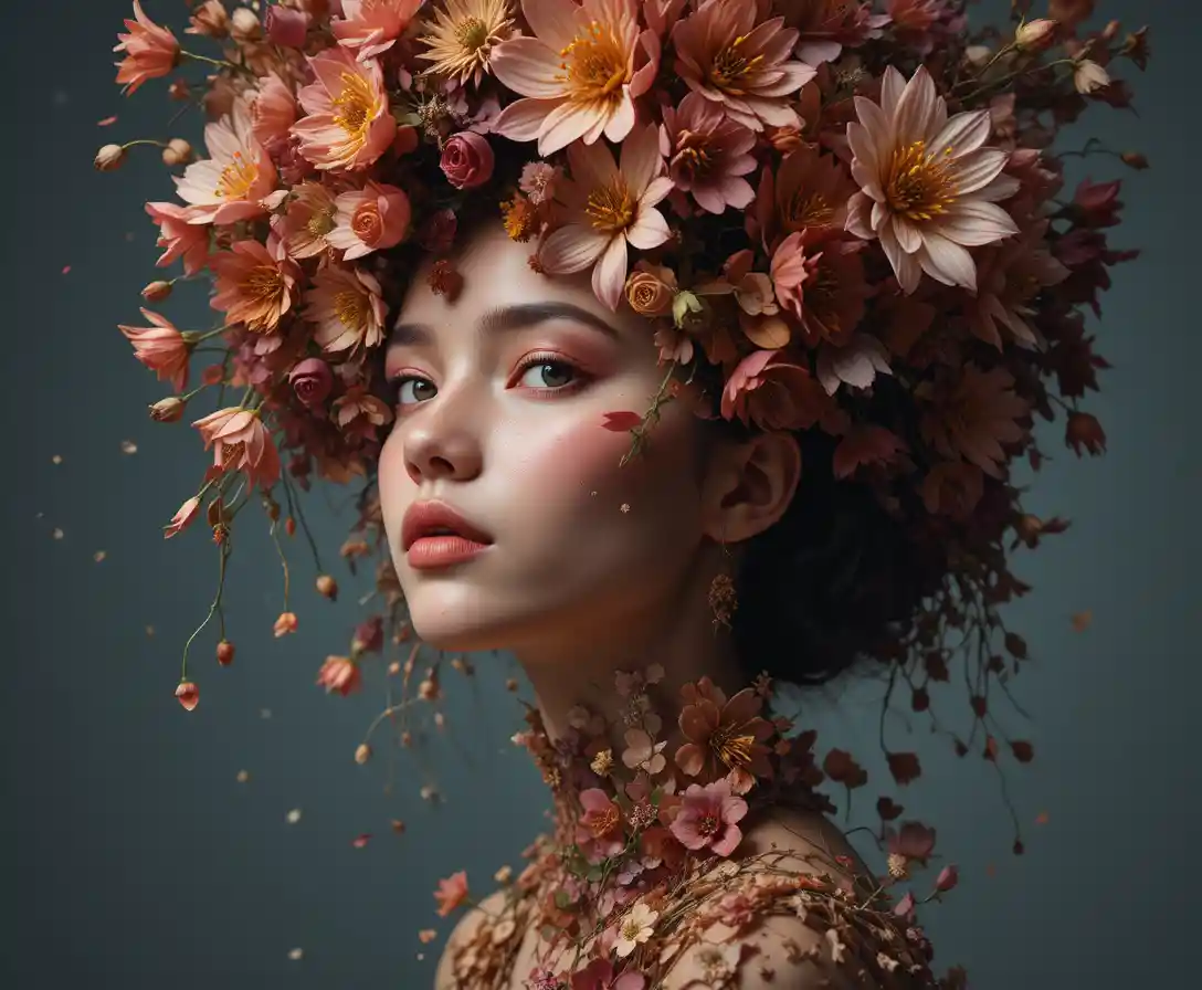 Retrato surrealista de una mujer con flores en flor como cabello