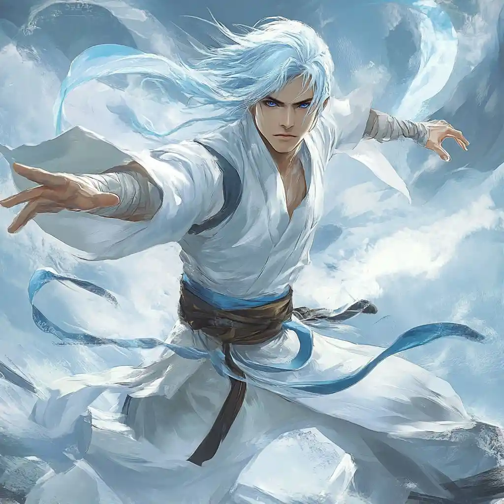 Monge de fantasia com tema de vento e cabelo azul-claro