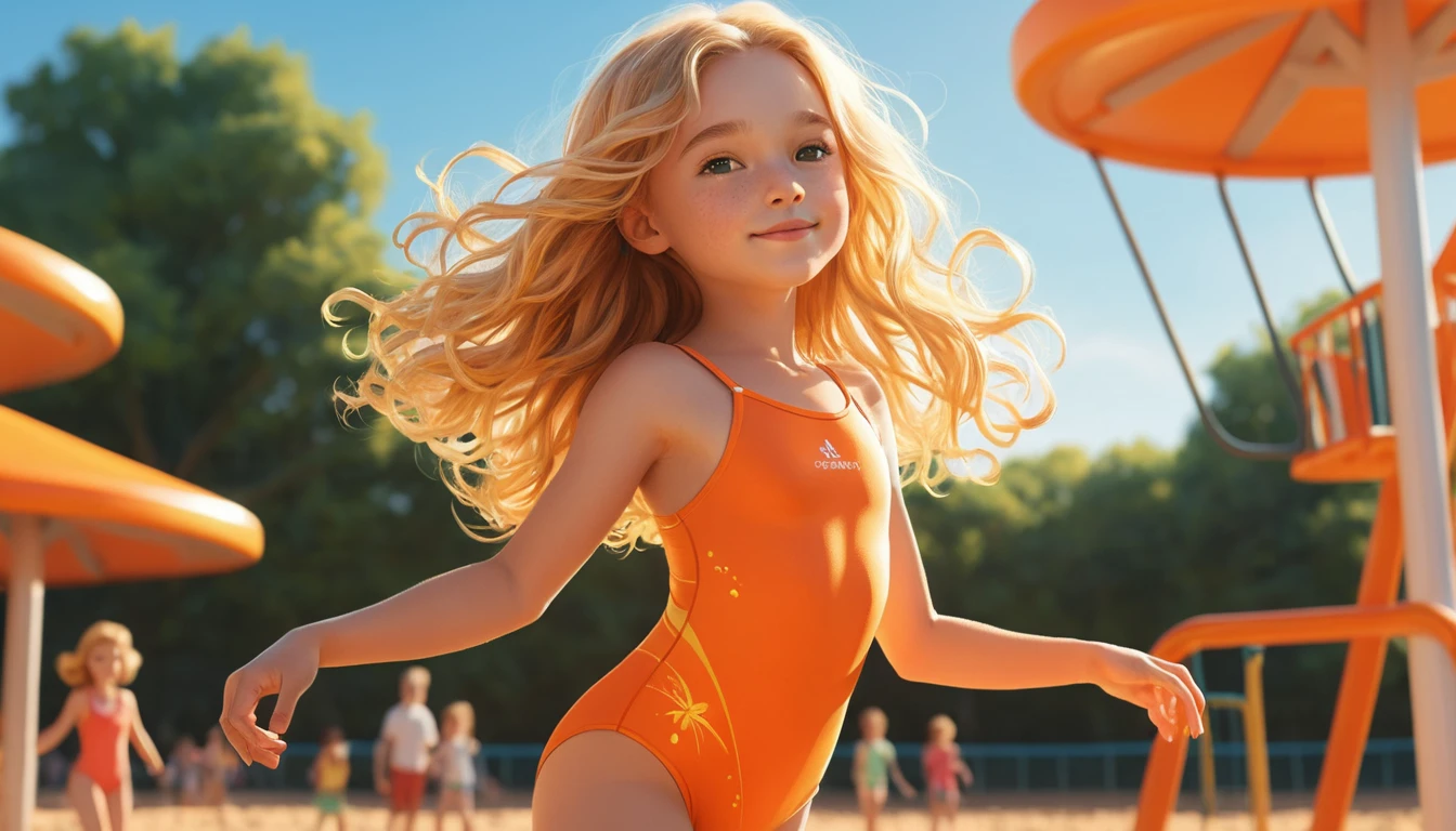 Junges Mädchen im orangefarbenen Badeanzug auf einem sonnigen Spielplatz