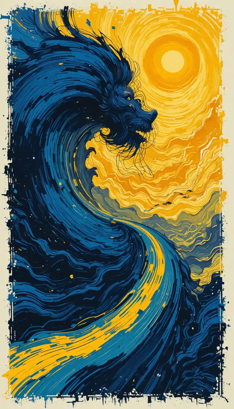 Illustrazione Espressiva Vorticosa in Blu Profondo e Oro