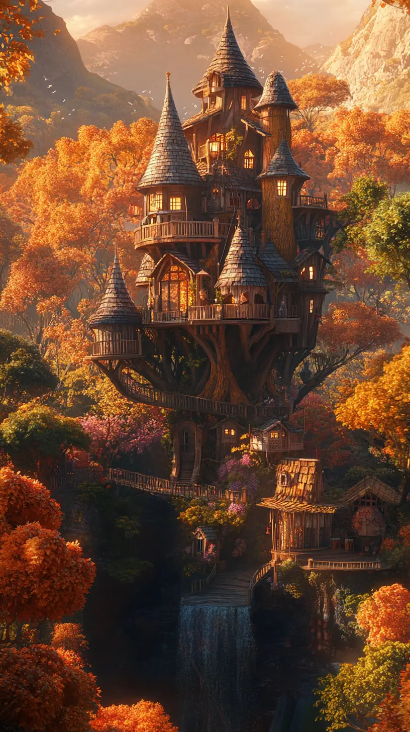 Dreamlike fantasy treehouse rising above a lush valley