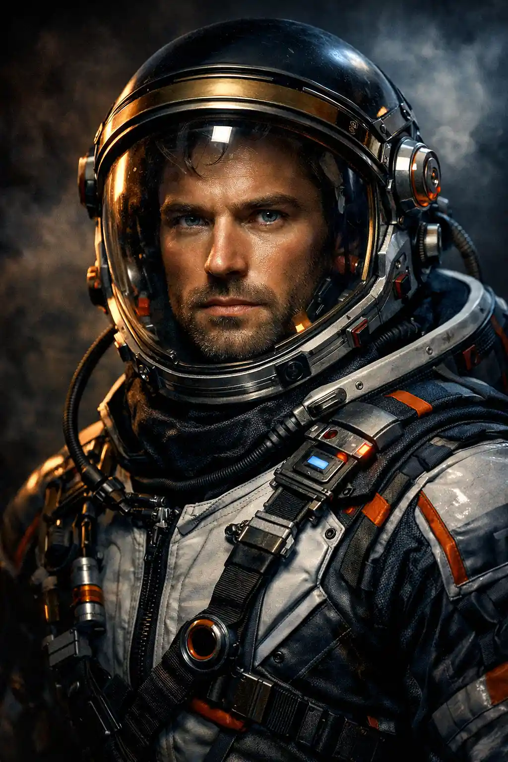 Moody portrait of an astronaut in a sleek modern suit