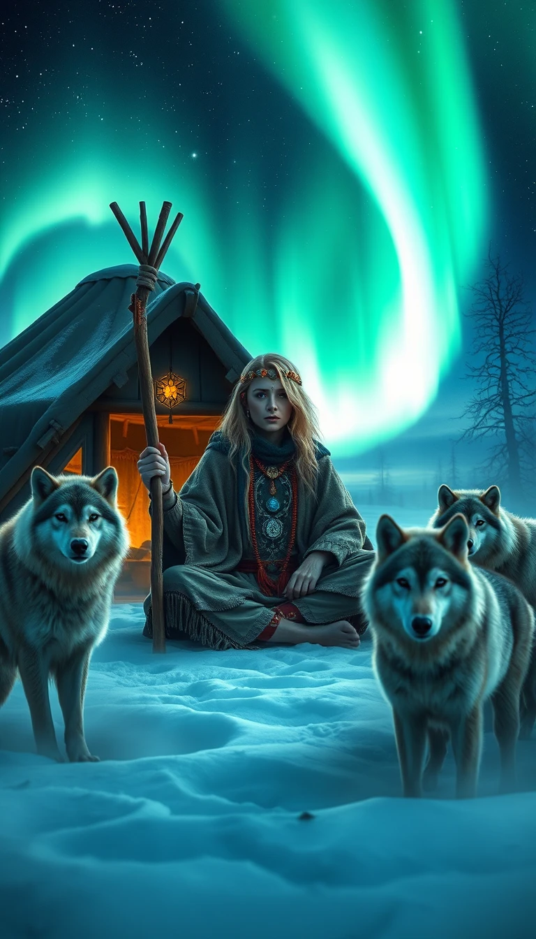 Mystischer Schamane mit Wölfen unter der Aurora in der arktischen Tundra