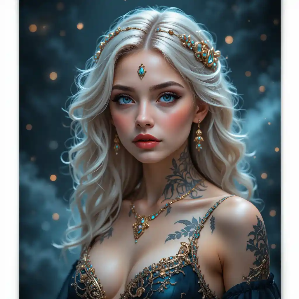 Ethereal blue eyed girl in jeweled headpiece portrait
