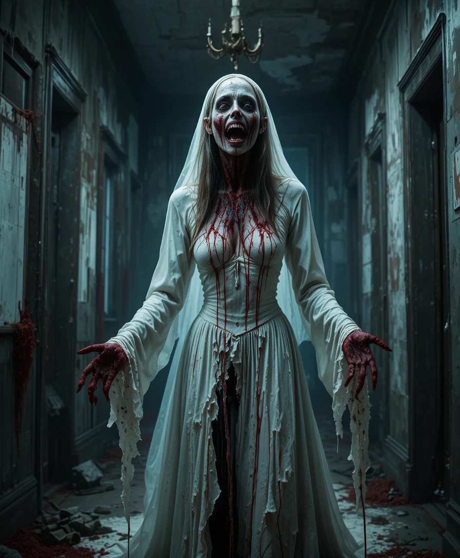 Blood soaked bride emerging from shadows in ruined mansion