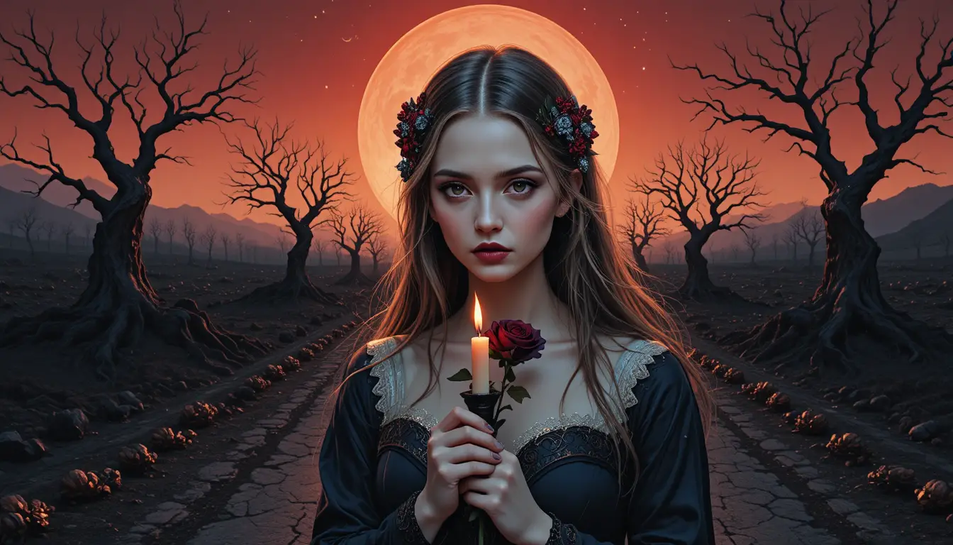 Vampire widow holding a black rose on the road to infinity