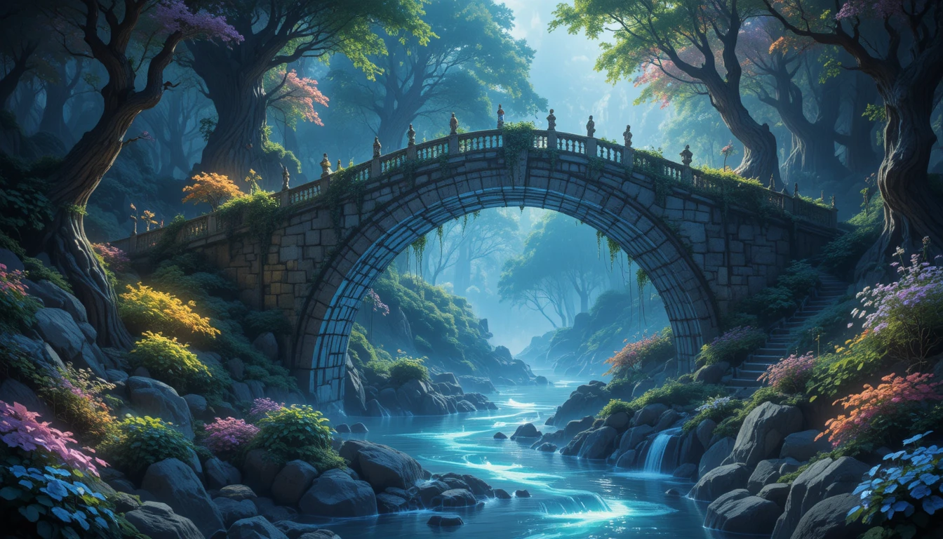 Ancient stone bridge over a glowing river in forest