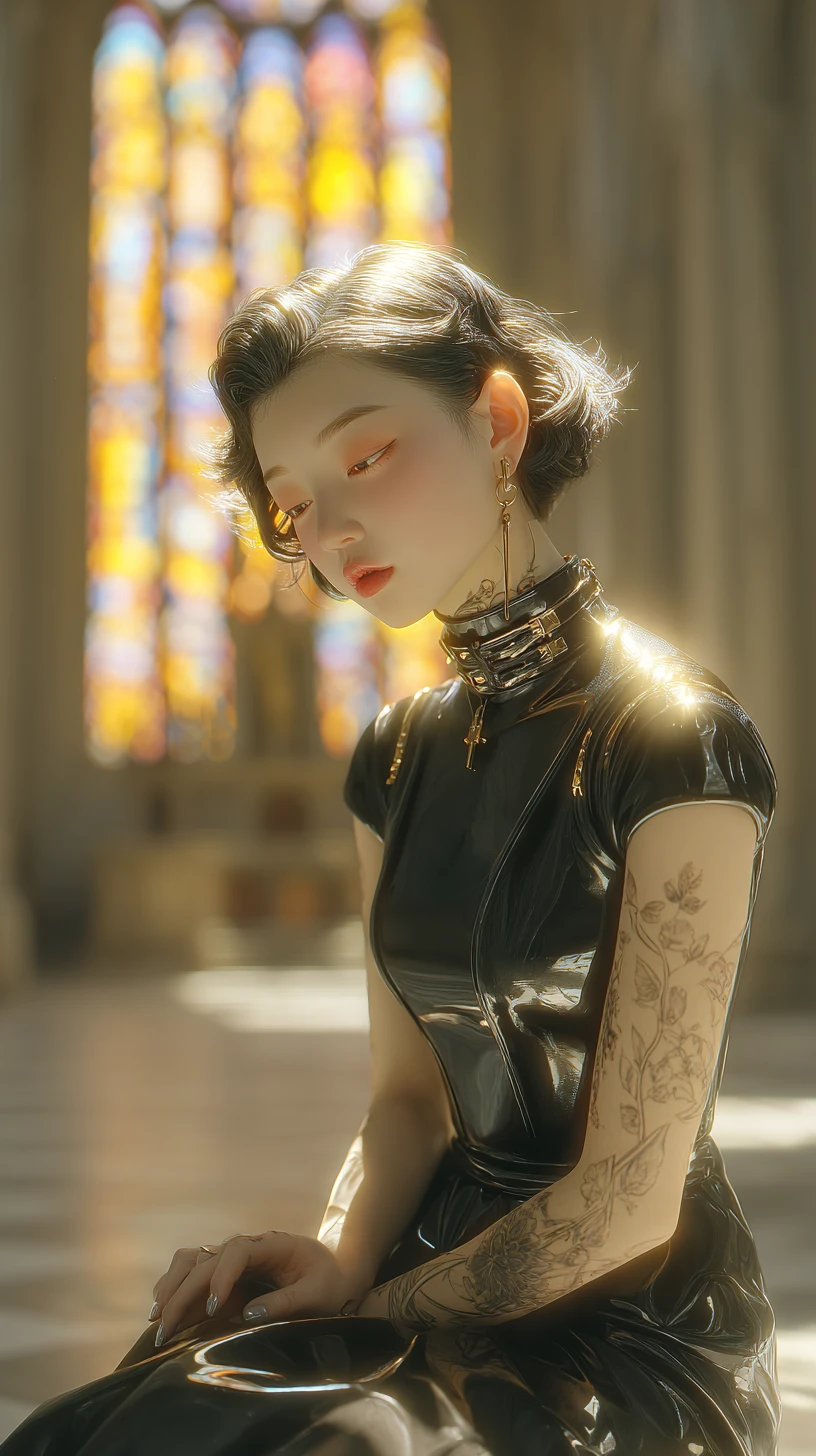 Young Taiwanese woman in black dress in sunlit cathedral