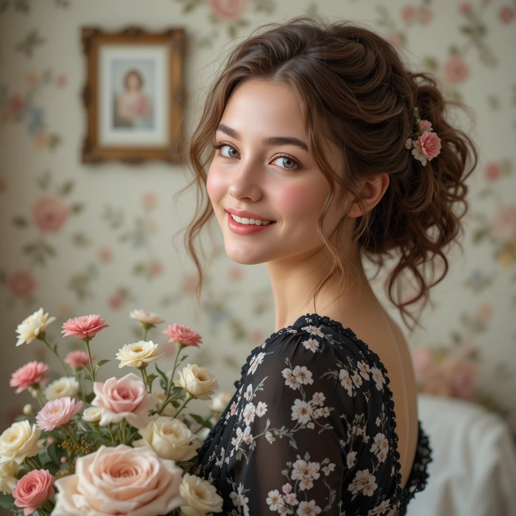 Young woman with flowers in a romantic indoor portrait