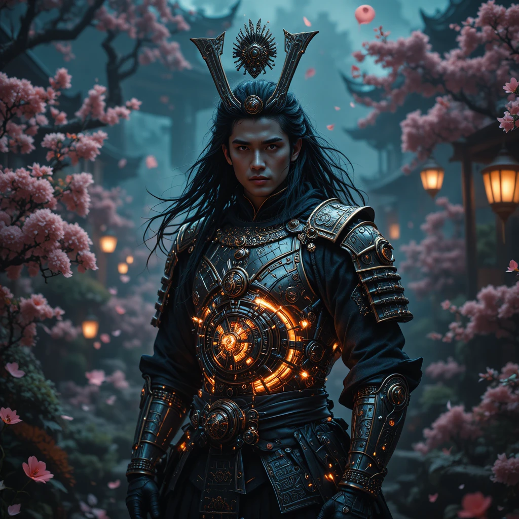 Samurái gótico steampunk en un jardín japonés surrealista