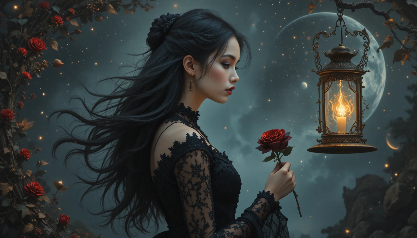 Gothic vampire woman with black rose under a starry sky