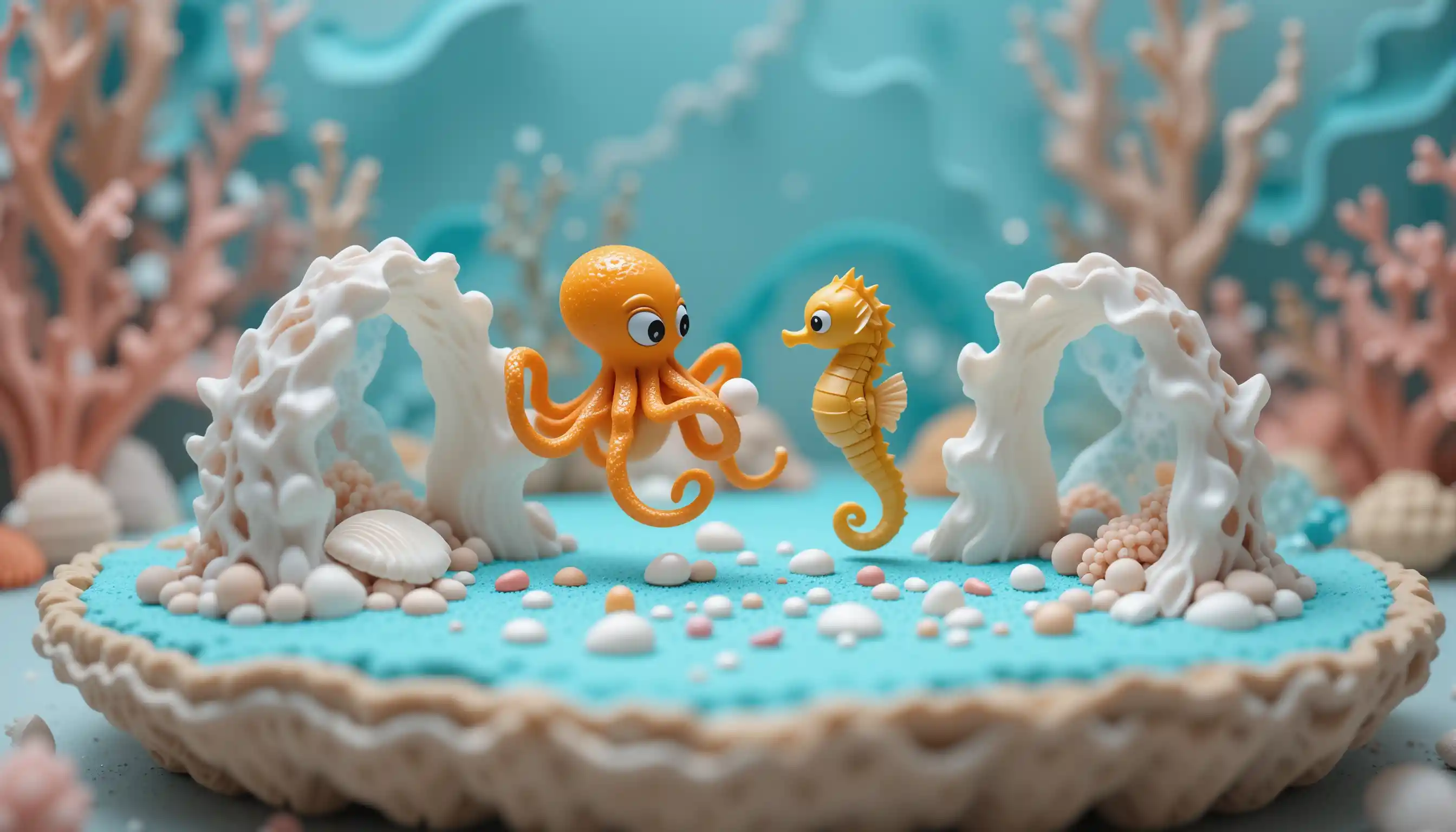 Miniature seabed diorama with cartoon octopus and seahorse