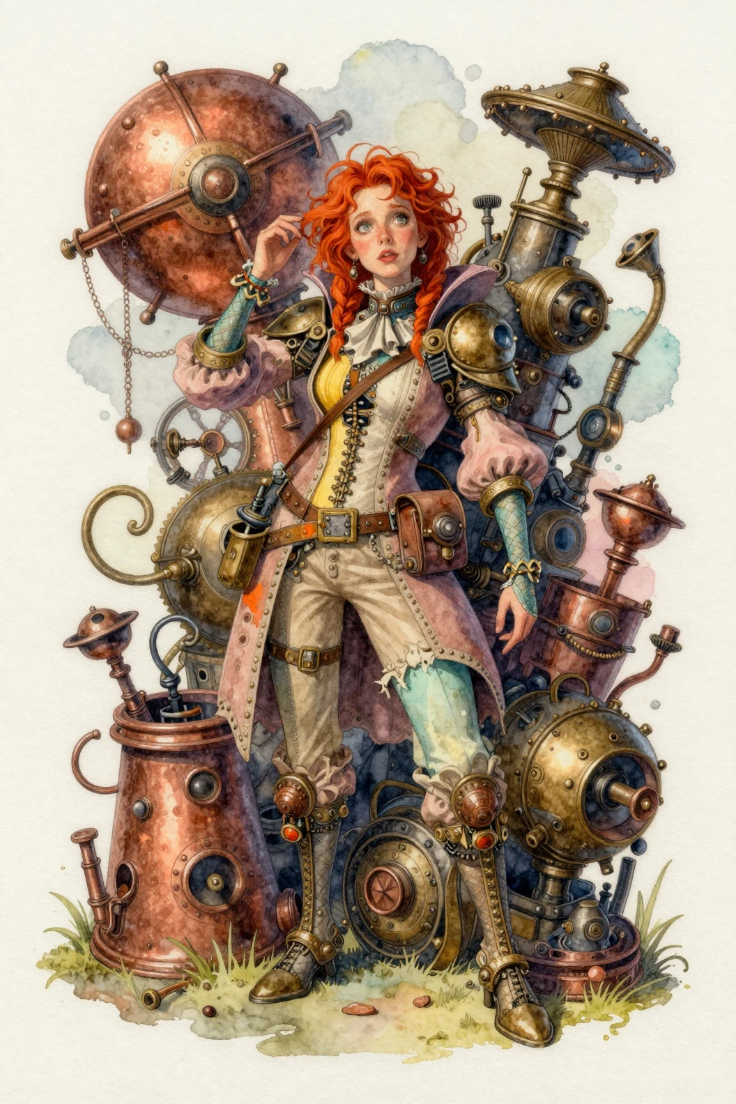 Mujer steampunk fantasiosa con intrincado atuendo en acuarela