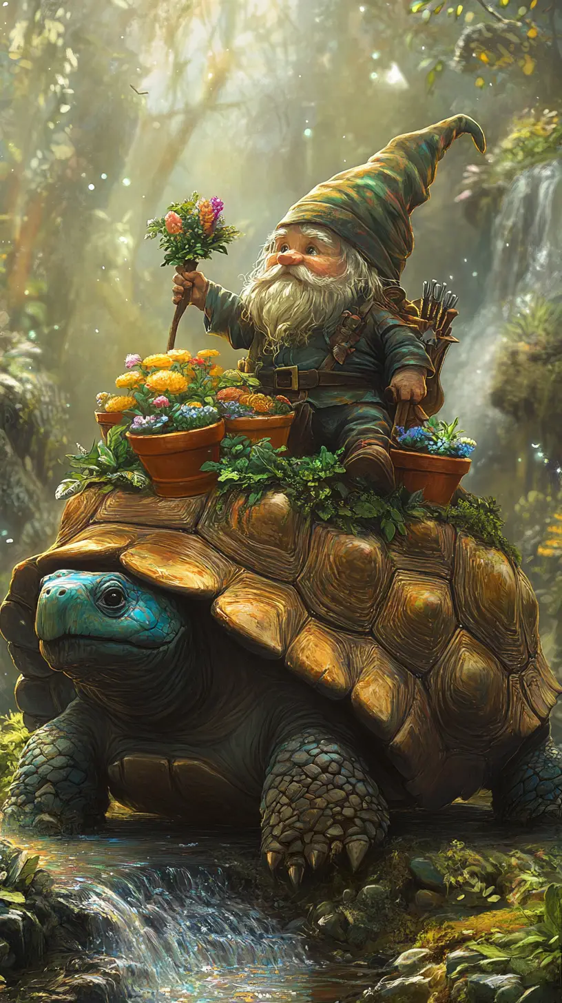 Whimsical gnome gardening on a giant tortoise oasis