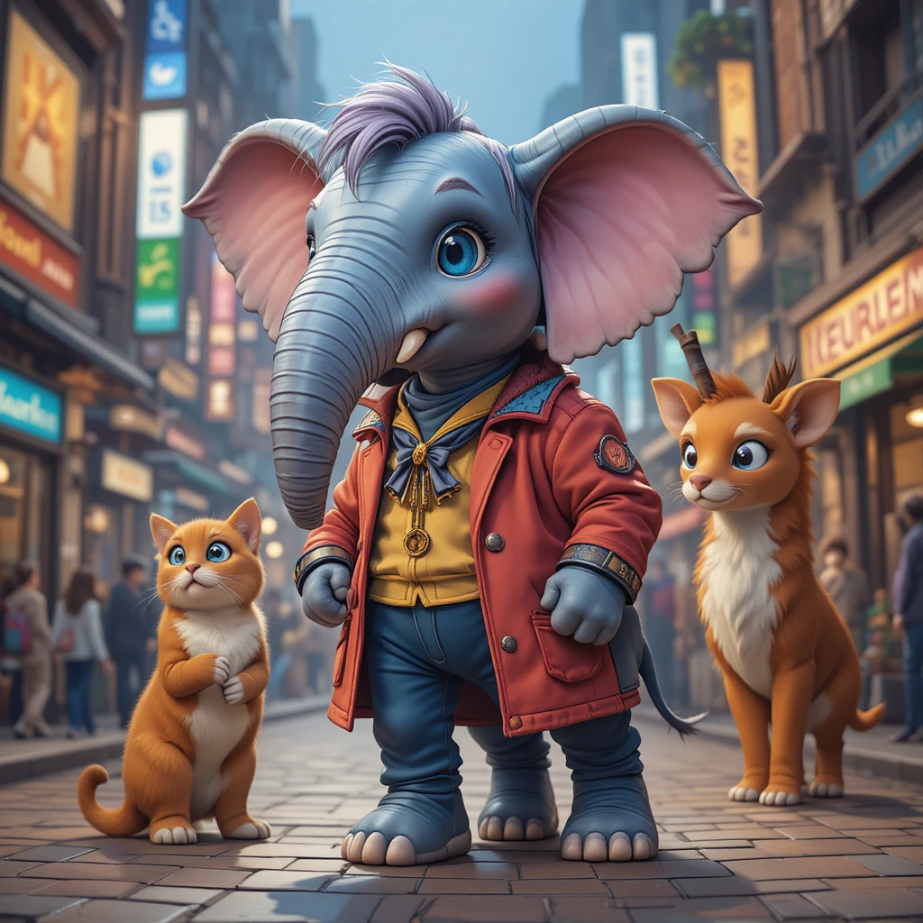 Colorful cartoon elephant standing like a person in city