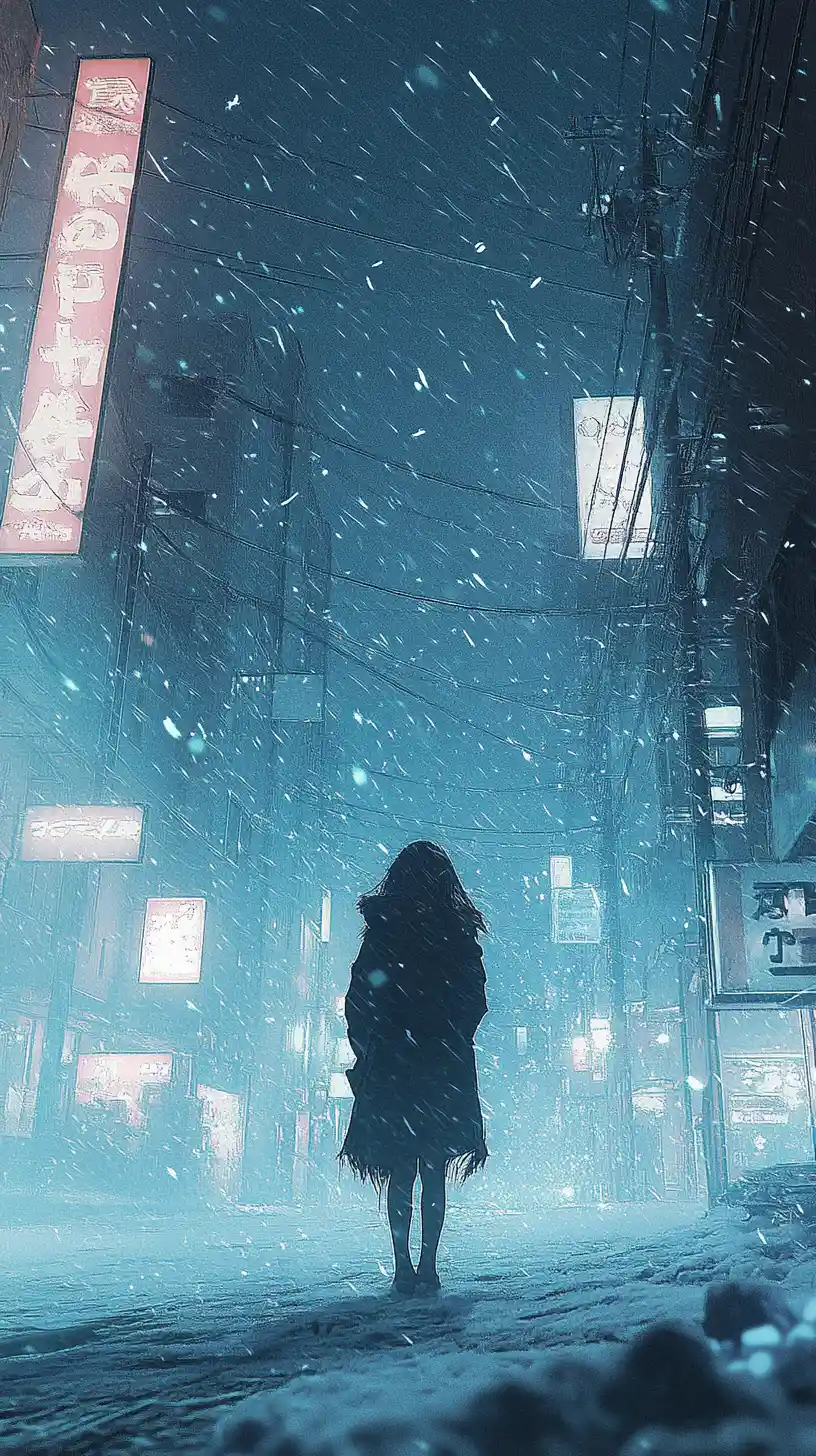 Anime girl shivering alone in a dark snowy landscape