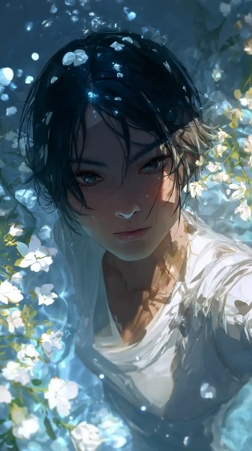 Anime girl portrait with wet hair and white blossoms