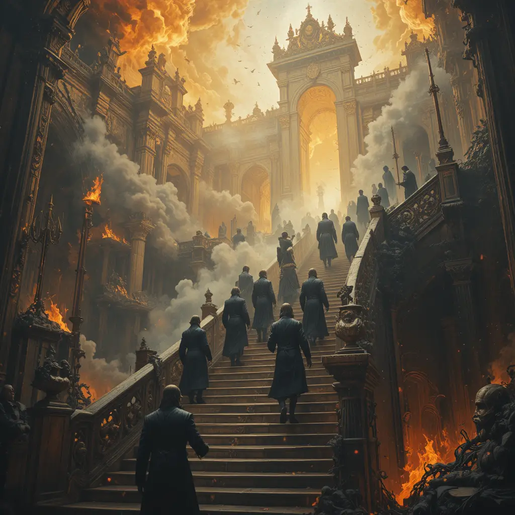 Close up of people ascending a surreal stairway to heaven