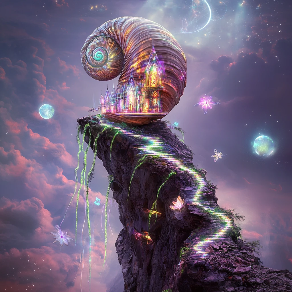 Casa de caracol em espiral brilhante em um penhasco escuro