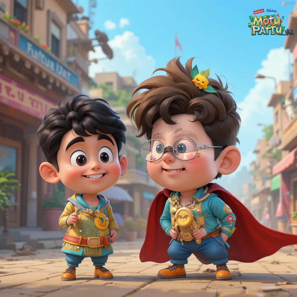 Dos niños de caricatura adorables en una colorida calle de la ciudad