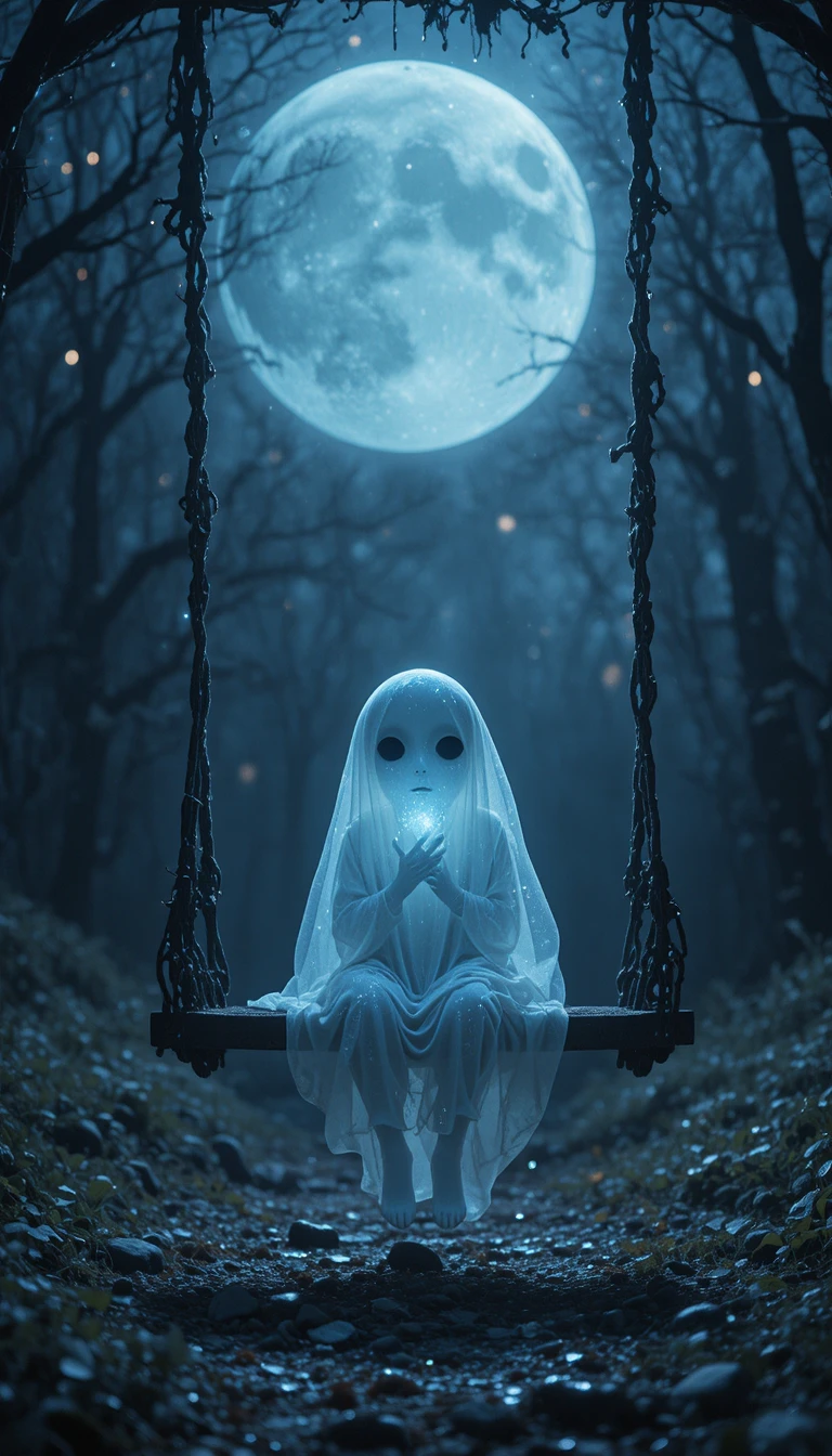 Lonely glowing ghost on a swing in the night