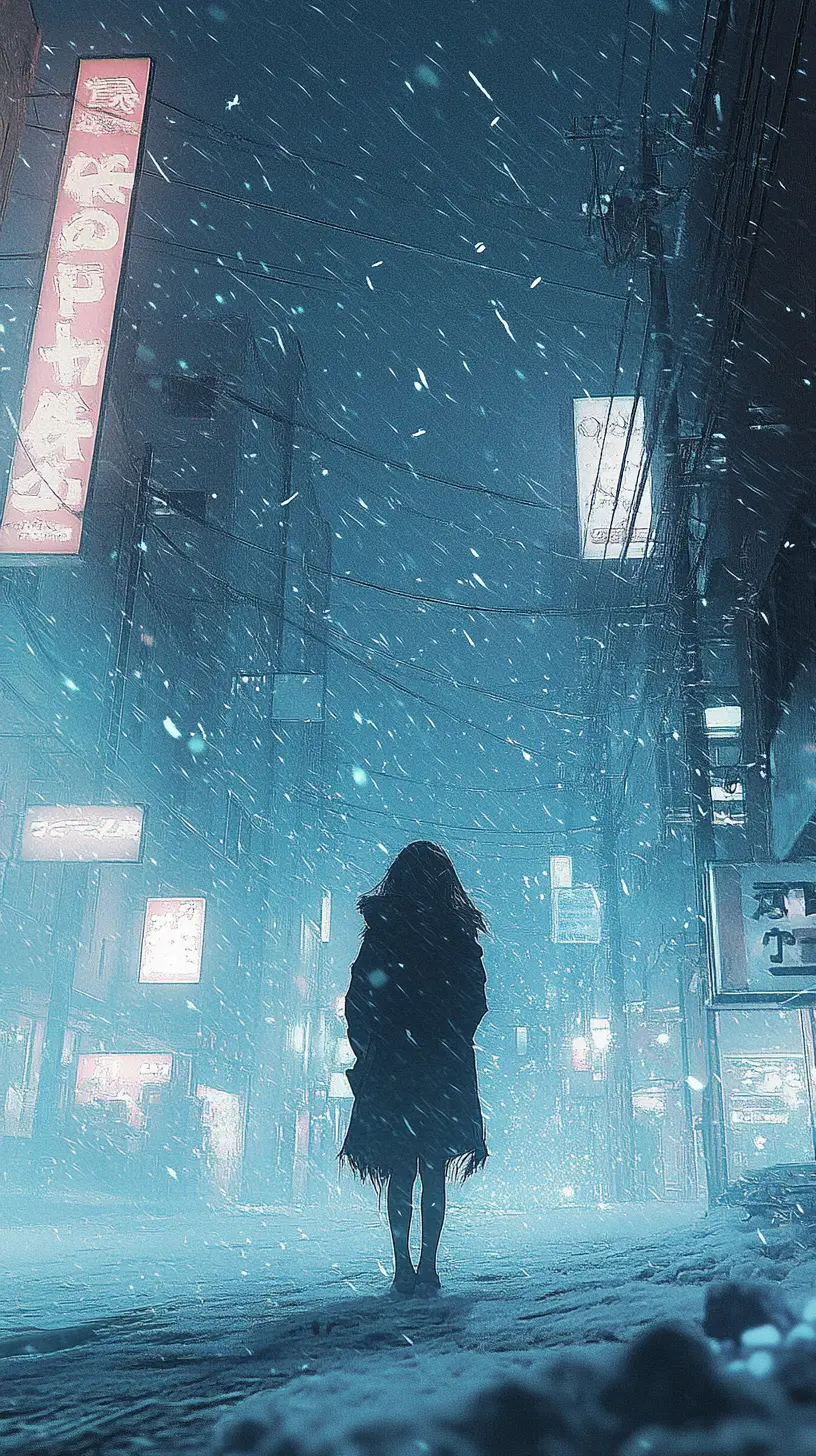 Anime girl shivering alone in a dark snowy landscape
