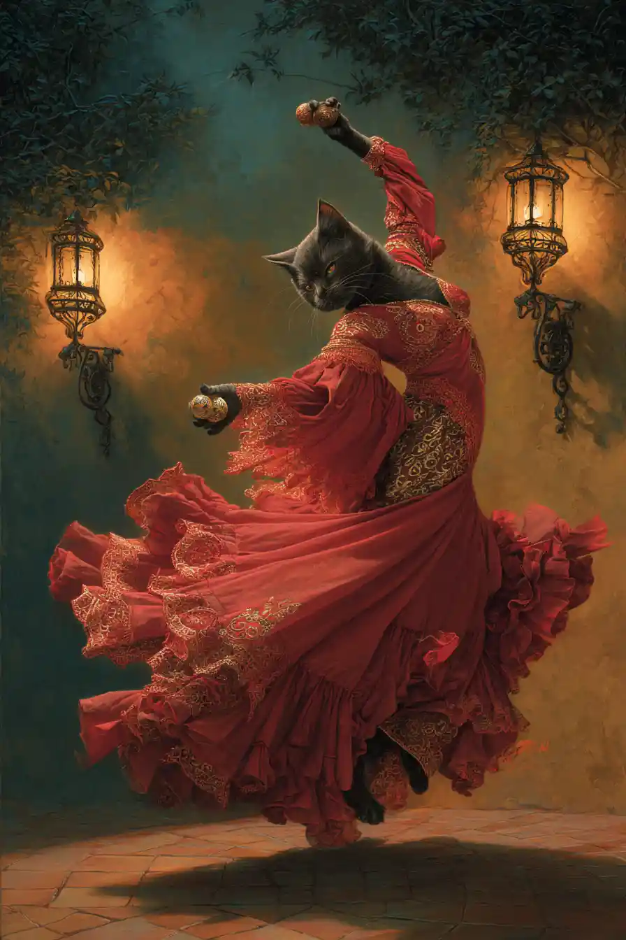 Anthropomorphic cat dancing flamenco in moonlit spanish courtyard