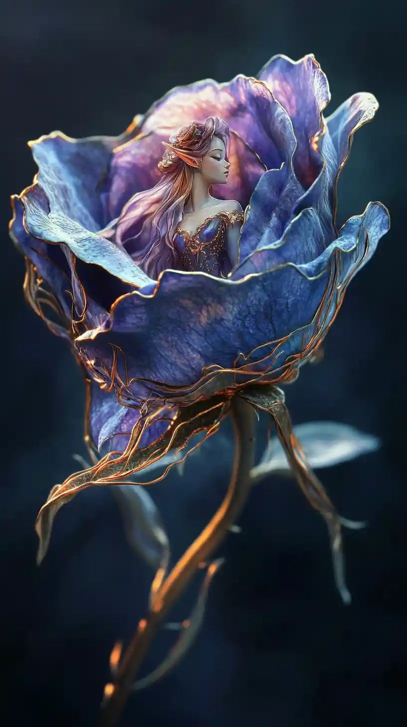 Close up of a giant rose with an elven maiden portrait